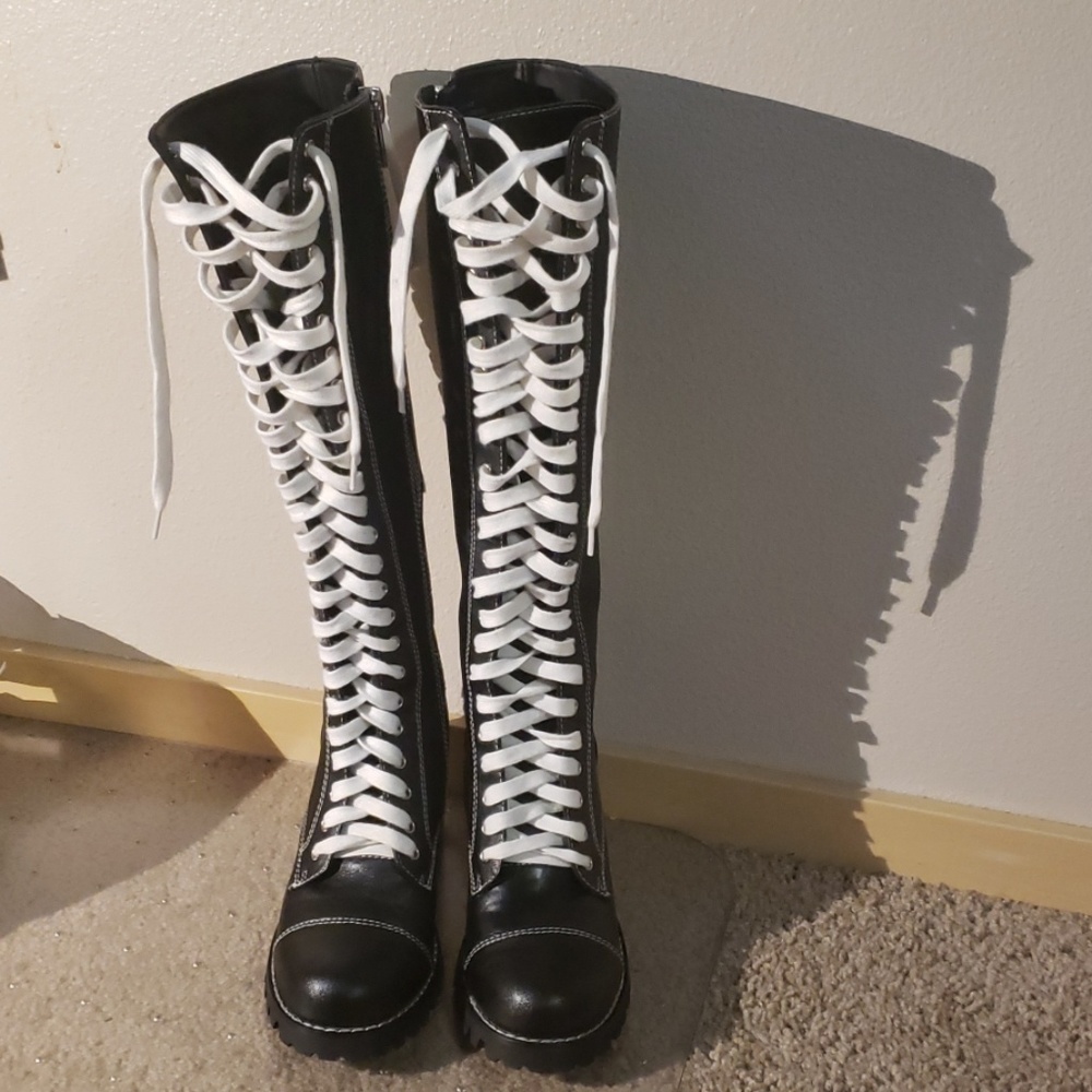 Dolls Kill Black Knee-High Platform Lace-Up Boots